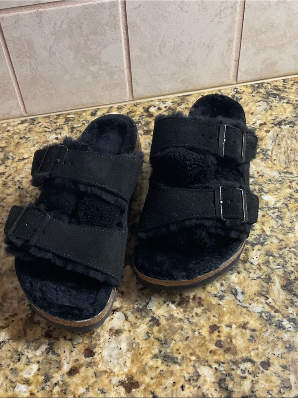 Birkenstock Women  Size 40. Black Plush Double-Buckle Slides